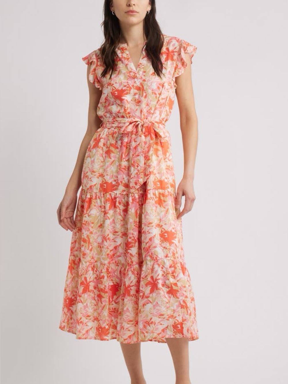 Caslon Floral V-Neck Maxi Dress in Coral & Cream